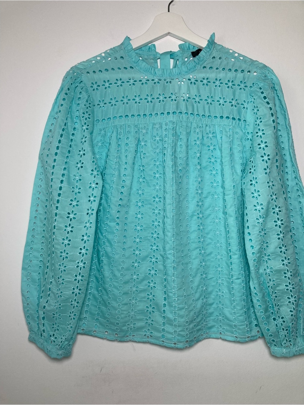 J. Crew Eyelet Lace Blouse Top Aqua Blue M High Neck Long Puff Sleeve Cotton - Picture 2 of 10